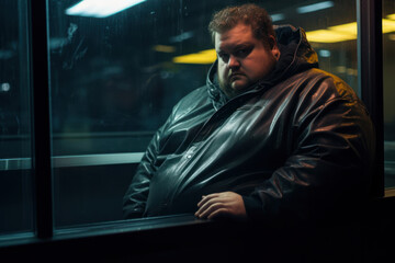 
Photo of an overweight individual at a bus stop at night, looking sadly at his reflection in the glass, with blurred street lights