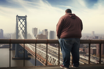 
Photo of an overweight man on a bridge, looking contemplatively at the water below, with a blurred city skyline in the background