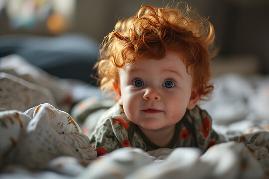 Adorable baby boy with red curly hair at the cribe in bedroom. Little child relaxing in bed at the morning. Textile and bedding for kids. Family morning at home.