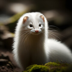 a white mink standing sideways in its natural environment