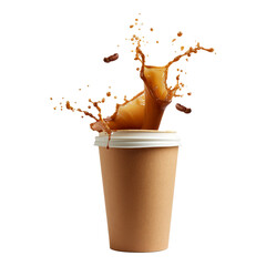 falling disposable paper cup with coffee splash