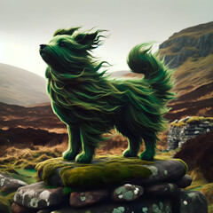 Photo of a Cù-Sìth, the mythical faerie dog, standing on an ancient stone cairn. Its rich green fur billows in the brisk wind - obrazy, fototapety, plakaty