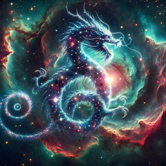 A cosmic dragon with its body formed from a constellation, spiraling around a vibrant nebula.
