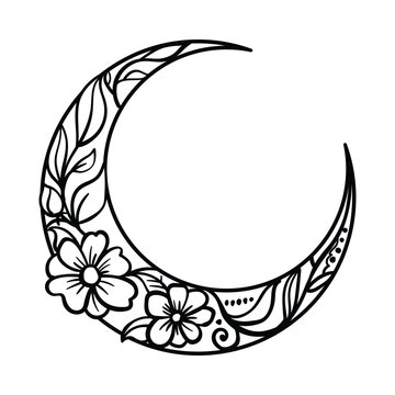 Floral crescent moon , Ramadan clipart, hand drawn vector illustration