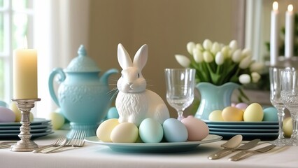 Fototapeta na wymiar A festive Easter dinner or breakfast with an Easter egg, a bouquet of flowers and a white rabbit, an elegantly laid Easter table in pastel colors, Easter