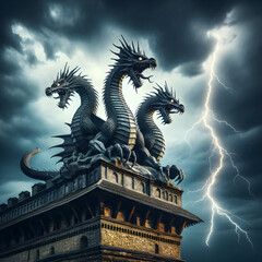 Photo of Zmey Gorynych, the mythical three-headed dragon, perched menacingly atop the battlements of a Slavic castle. The sky is charged with the lightning.