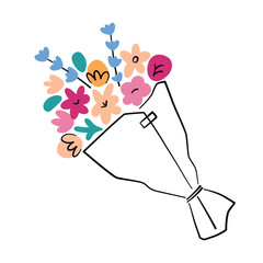 Flower bouquet icon, vector illustration of floral composition in outline wrapping paper, good for greeting card, Valentines present, birthday or Mothers Day gift, beautiful floral arrangement