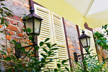 Old windows in wooden frames and with closed shutters, with green plants around, metal street...