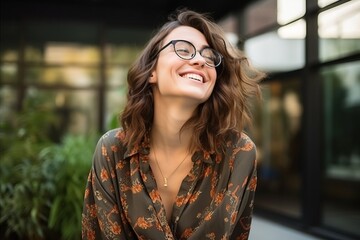 Portrait of a happy young business woman in eyeglasses smiling