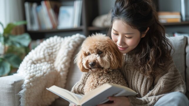 A young woman sits on a sofa and reads a book. Happy. There is a real dog sitting next to her. commercial photography