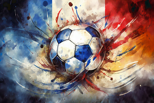 Soccer ball spinning in the air over the flag of France.