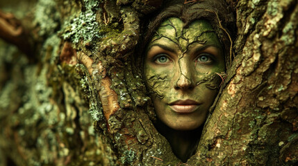 As she gazes out from her tree, the dryads heartshaped face is filled with a peaceful contentment, a testament to the evergreen bond between nature and spirit. Fantasy art - obrazy, fototapety, plakaty