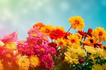 Cluster of colorful flowers on sunny backdrop. Generative AI