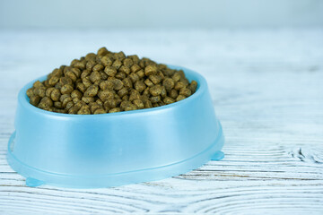 Dry cat food in blue bowl on wooden background. Selective focus.