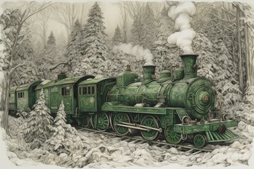 An aged green locomotive and three carriages amidst falling snow within a snowy woods, drawn using ballpoint and felt-tip pens. Generative AI
