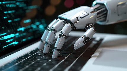 Automation at Work, 3D Render of Robotic Hand on Laptop Keyboard