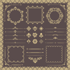 Vintage set of horizontal, square and round elements. Elements for backgrounds, frames. Classic brown and golden patterns. Set of vintage patterns