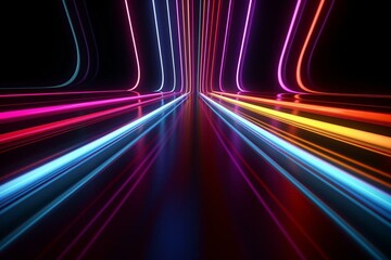Fototapeta na wymiar Colorful neon lines glowing in dark room. Generative AI