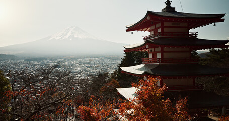 Japanese temple, pagoda building with mountain and architecture, religion and tradition for travel...