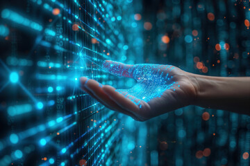 human hand reaching for a matrix of glowing blue digital data points, conveying a sense of interaction with futuristic technology. Concept of human interaction with a digital interface