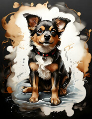 one cute dog in calligraphy style, splash effects, ink blobs, mostly black and white with some brown, top down view