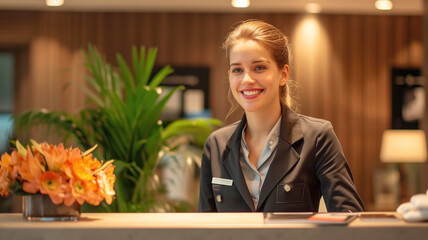 cheerful female receptionist at the front desk of a hotel. She is dressed in a professional dark suit, light blue shirt and name tag. Hospitality and friendliness when serving arriving guests.