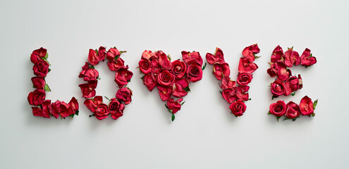 "LOVE" Spelled Out in Vivid Rose Petals and Heart