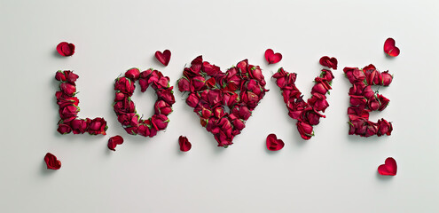 "LOVE" Spelled Out in Vivid Rose Petals and Heart