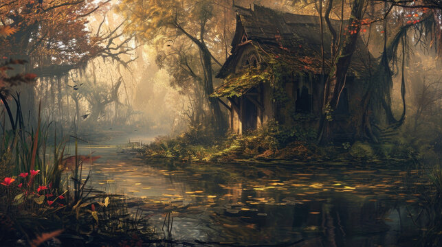 Amidst the stagnant waters and rotting vegetation of the swamp, the witchs hut stands as a beacon of magic and mystery, beckoning those who seek its dark powers. Fantasy art