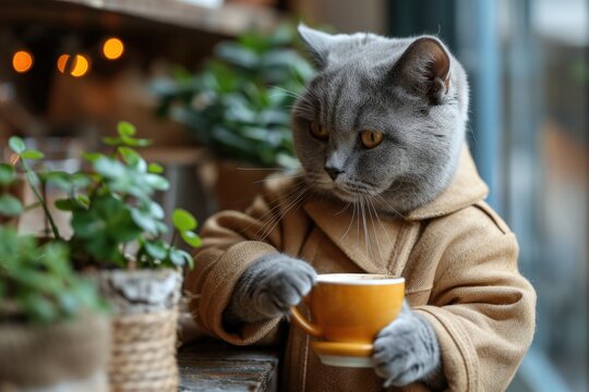 Cute Cat as barista and espresso machine at cafe. Generative AI