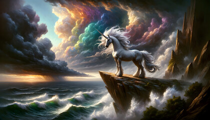 A solitary unicorn with a spiraled horn and a flowing mane stands on a rugged cliff above a churning sea. - obrazy, fototapety, plakaty