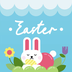 Flat colorful easter background illustration. Cute rabbit easter illustration background