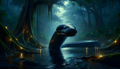  A colossal black anaconda spirit, known as the Boiúna, moves with grace through the dark waters of the Amazon lake - obrazy, fototapety, plakaty