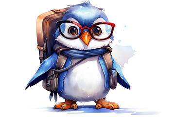 Obraz premium Cute cartoon penguin with backpack. Watercolor illustration on white background.