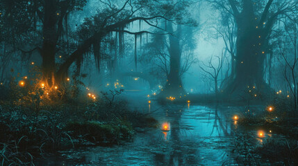 As night falls, the once peaceful swamp transforms into a labyrinth of glowing willothewisps, their ghostly forms weaving through the mist and tangles of overgrown vegetation, Fantasy art - obrazy, fototapety, plakaty