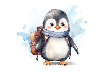 Cute penguin with backpack. Watercolor illustration on white background.