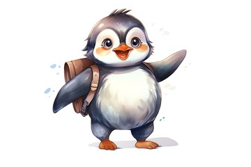 Obraz premium Cute cartoon penguin with backpack. Watercolor illustration on white background