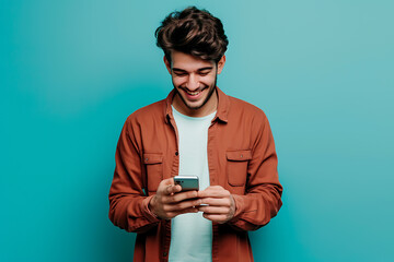Mobile Joy, Smiling Latin Man Engages in E-commerce Shopping, blue background - obrazy, fototapety, plakaty