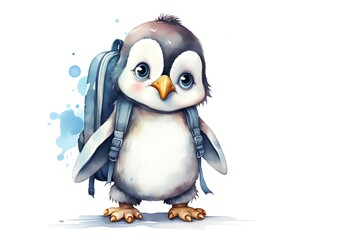 Obraz premium Cute cartoon penguin isolated on white background. Watercolor illustration