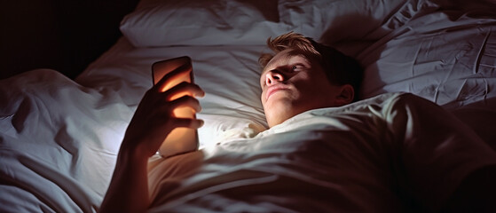 Young depressed man lying on his bed with his mobile phone.