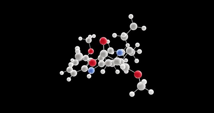 Mitragynine molecule, rotating 3D model of indole-based alkaloid, looped video on a black background