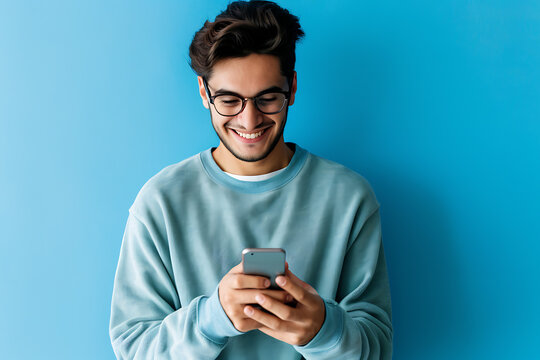 Mobile Joy, Smiling Latin Man Engages in E-commerce Shopping, blue background