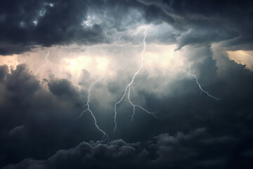 dramatic stormy sky with lightning and dark cumulus clouds aerial view for abstract background