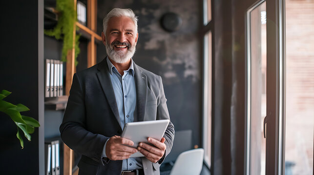 Portrait of Success, Smiling Older Businessman in Office with Tab Computer