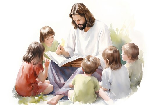 Illustration of Jesus Christ reading the Holy Bible to his children.