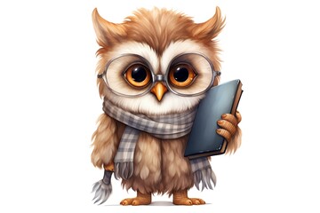 Cute cartoon owl in glasses and scarf with laptop. Vector illustration.