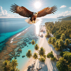 beach view, white sand, coconut trees, coral rocks, fresh blue water, bright sun, seen from the air, drone, eagle fly, real picture, high quality, HD - obrazy, fototapety, plakaty