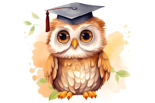 Owl with graduation cap. Watercolor painting. Vector illustration.