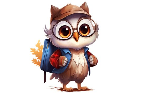 Cute cartoon owl with backpack. Vector illustration isolated on white background.