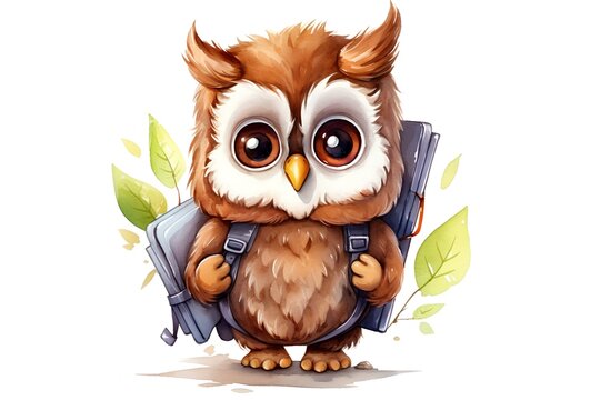 Cute cartoon owl with backpack. Watercolor illustration isolated on white background